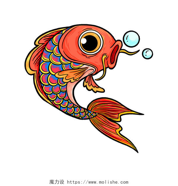 红色手绘卡通国潮鲤鱼锦鲤吐泡泡元素PNG素材